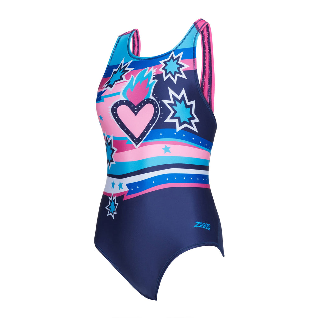 Zoggs Fiery Star Print Flyback Girls Swimming Costume - Blue/Pink 1